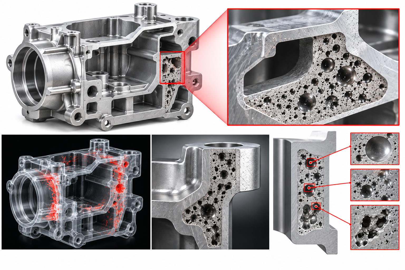 Gas porosity internal pada aluminium die casting yang terlihat pada penampang komponen