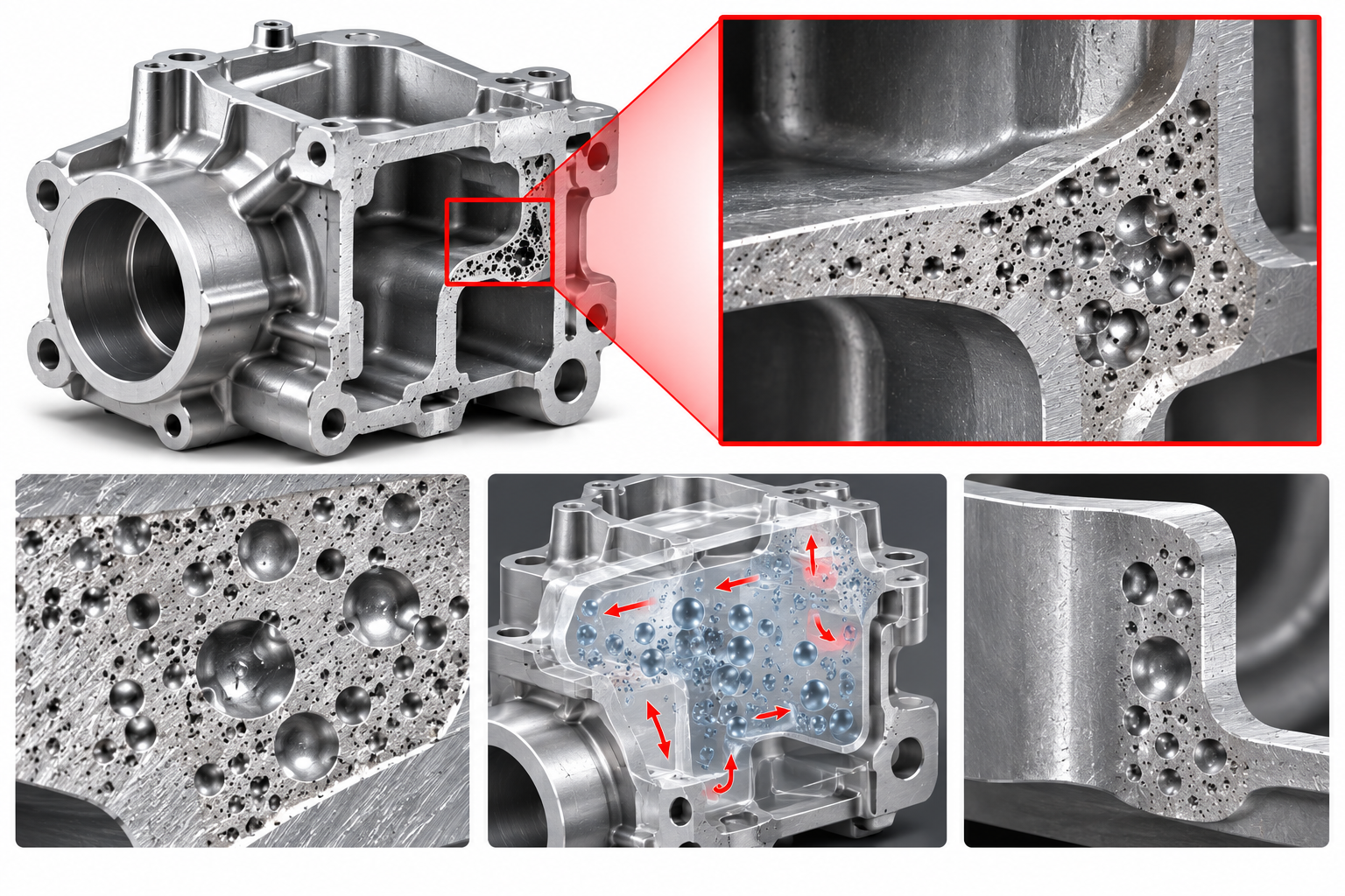 Internal gas porosity in an aluminium die casting observed in a cross-section