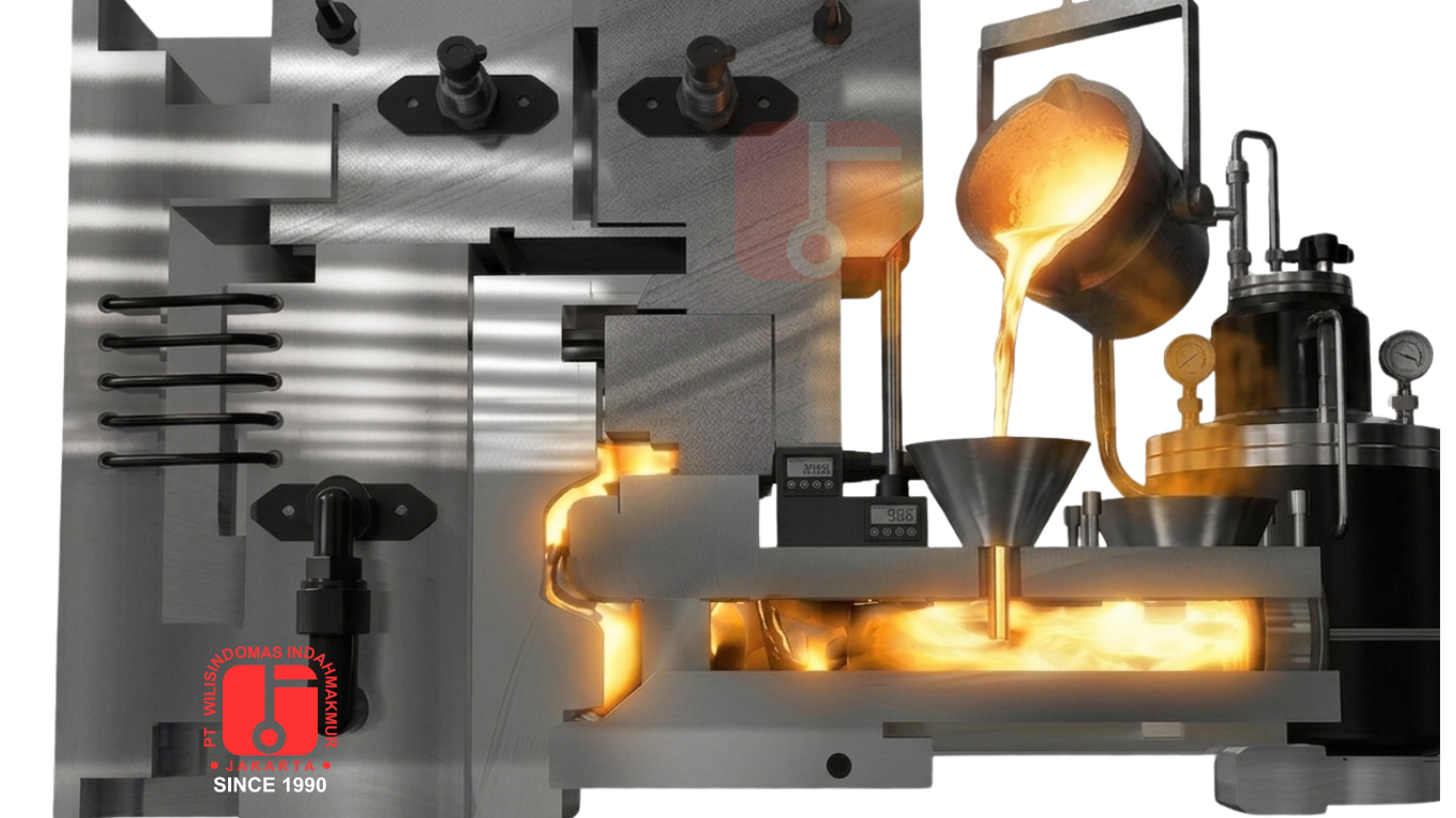 Mesin cold chamber HPDC dengan shot sleeve dan sistem injeksi molten metal