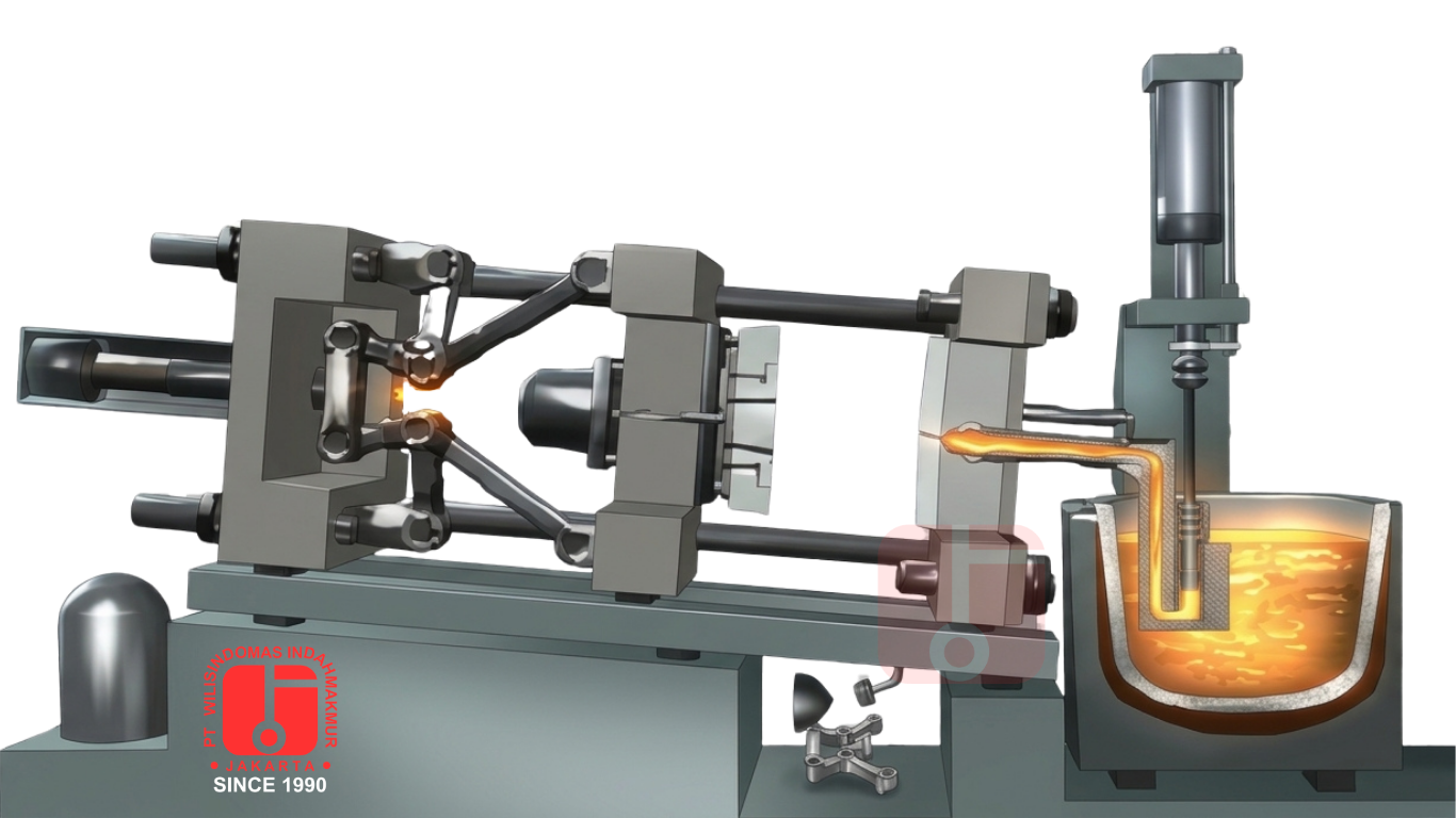 Mesin hot chamber die casting dengan mekanisme injeksi molten metal terintegrasi
