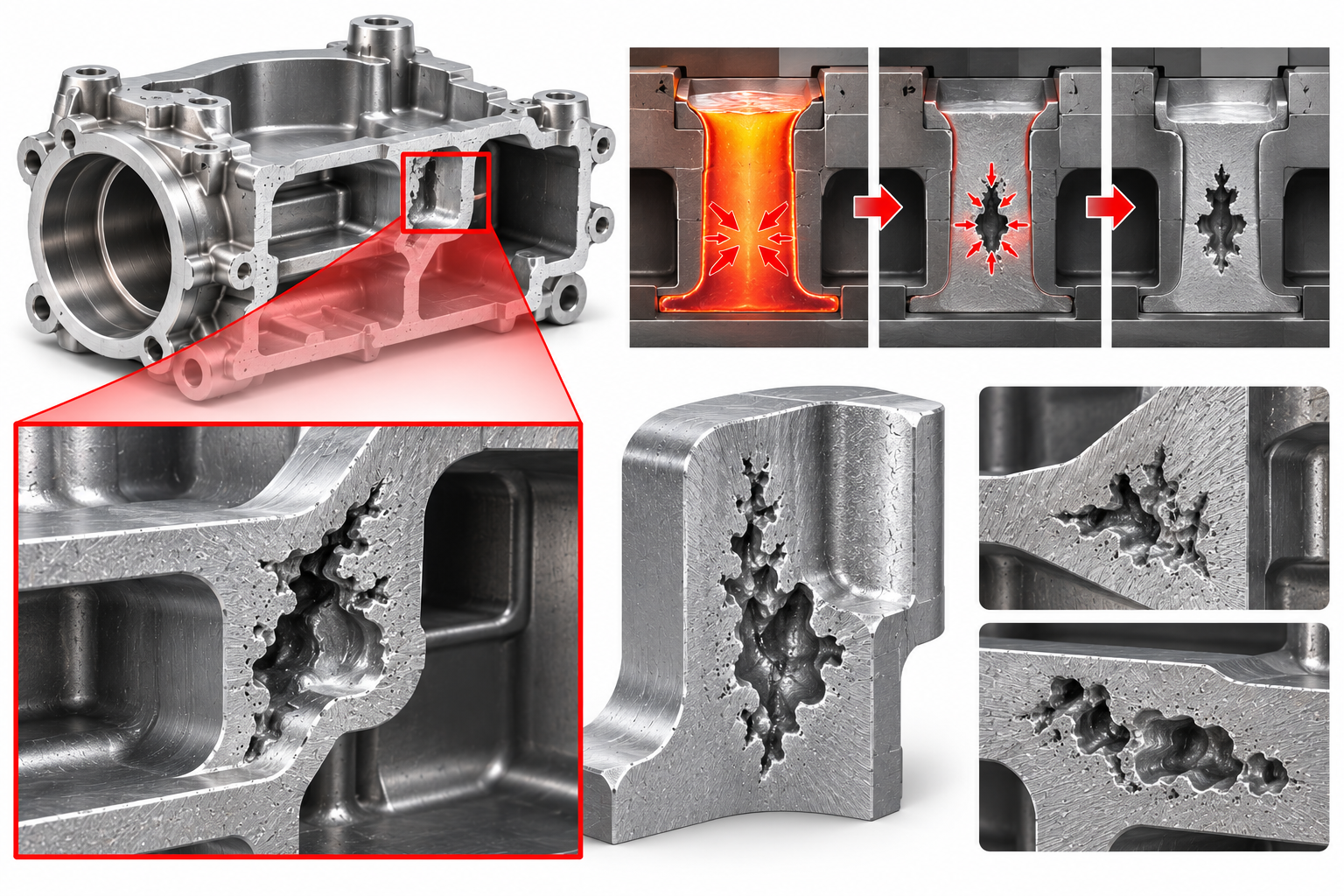 Shrinkage porosity in a metal casting associated with local solidification conditions